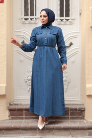 Modest Navy Blue Denim Long Dress 717L - 1