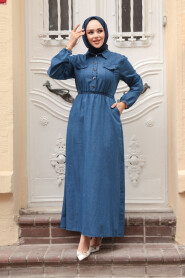 Modest Navy Blue Denim Long Dress 717L - 2