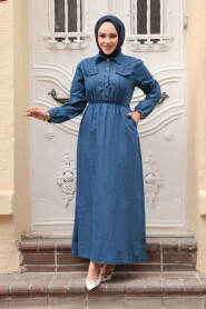 Modest Navy Blue Denim Long Dress 717L - 3