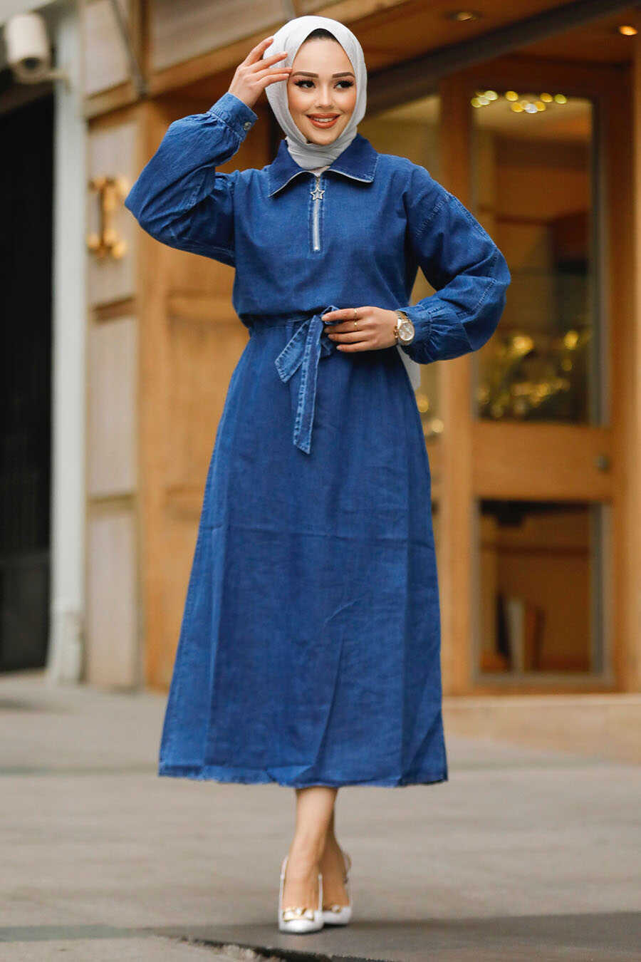 chinese dress ladies Women's Casual Denim Dress Long Sleeve Lapel Button Down Maxi Jean Shirt  Dresses,Blue,Small at Amazon Women's Clothing store main image 0
