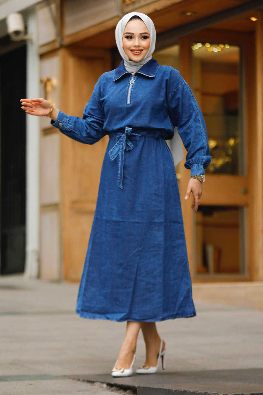 Modest Navy Blue Denim Maxi Dress 19108L