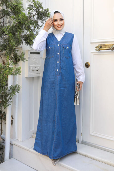 Modest Navy Blue Denim Salopet Dress 19018L - NEVA STYLE
