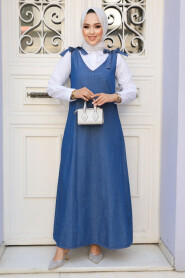 Modest Navy Blue Denim Salopet Dress 19019L - 2