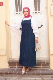 Modest Navy Blue Denim Salopette Dress 19014L - 3