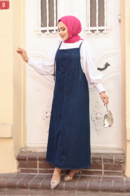 Modest Navy Blue Denim Salopette Dress 19014L - 1