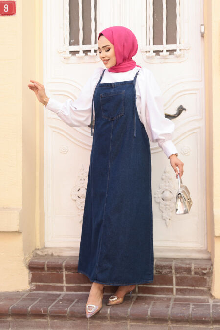 Modest Navy Blue Denim Salopette Dress 19014L - NEVA STYLE