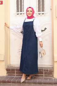 Modest Navy Blue Denim Salopette Dress 19014L - 2