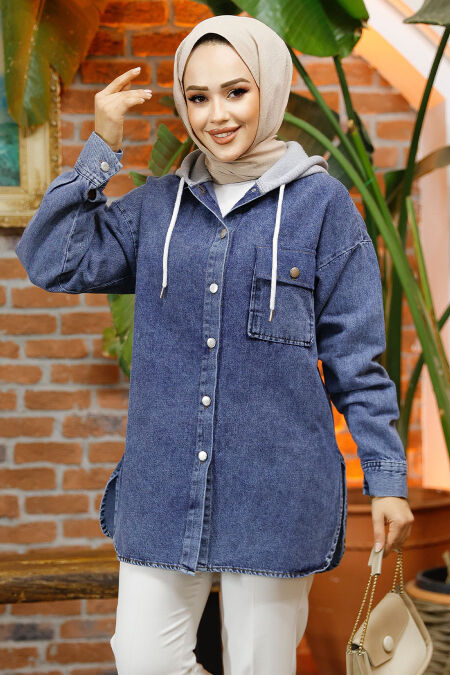 Modest Navy Blue Denim Shirt 30305L - NEVA STYLE