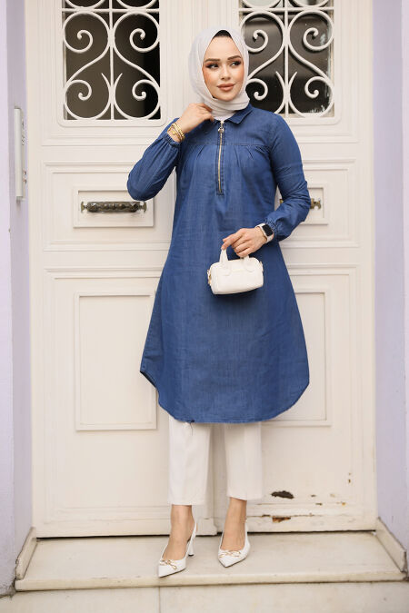 Modest Navy Blue Denim Top 4673L - NEVA STYLE