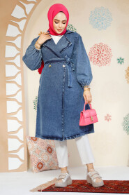 Modest Navy Blue Denim Trench Coat 19128KM - 2