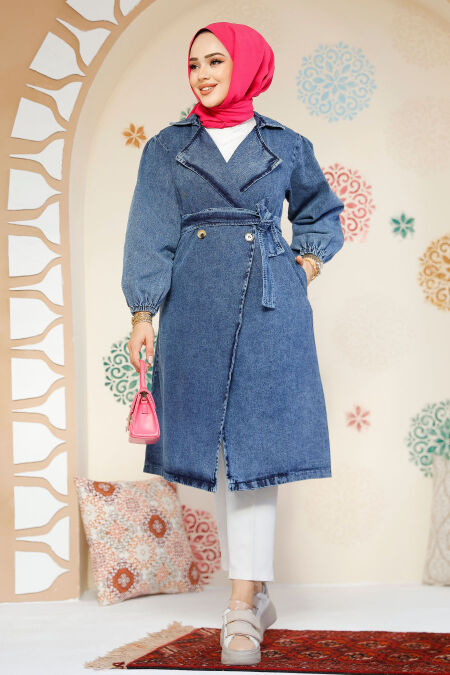 Modest Navy Blue Denim Trench Coat 19128KM - NEVA STYLE