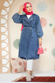 Modest Navy Blue Denim Trench Coat 19128KM - 3