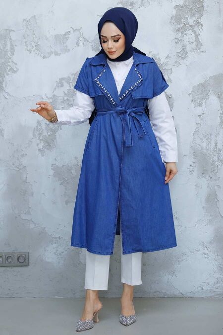 Modest Navy Blue Denim Vest 6572L - NEVA STYLE