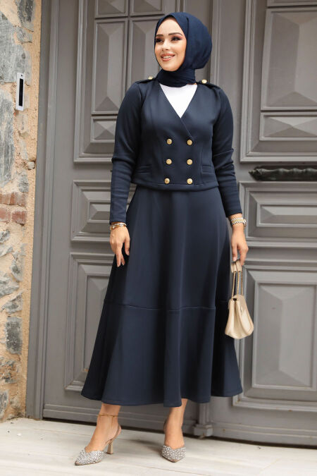 Modest Navy Blue Dual Skirt Suit 12371L - NEVA STYLE