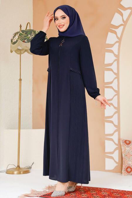 Modest Navy Blue Dubai Abaya 45289L - NEVA STYLE
