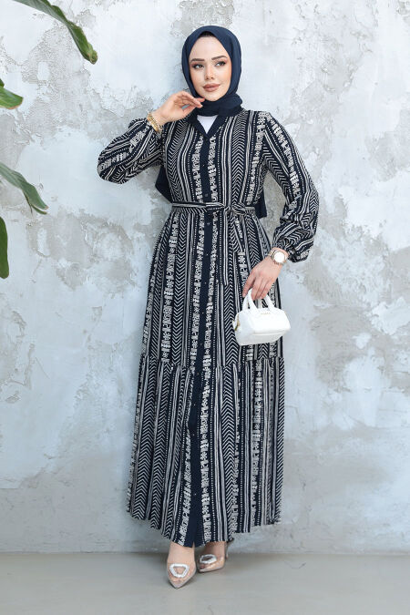 Modest Navy Blue Eid Dress 23921L - NEVA STYLE