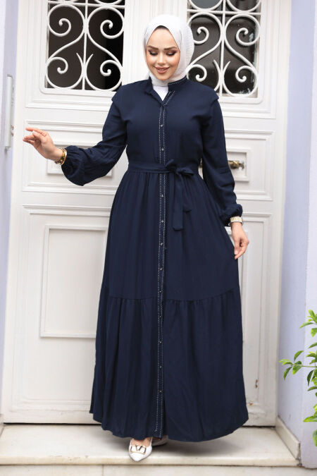 Modest Navy Blue Eid Dress 23929L - NEVA STYLE