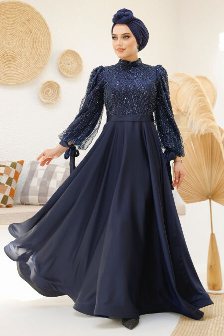 Modest Navy Blue Elegant Evening Dress 46671L - NEVA STYLE