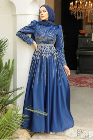 Modest Navy Blue Elegant Evening Dress 52071L - 3