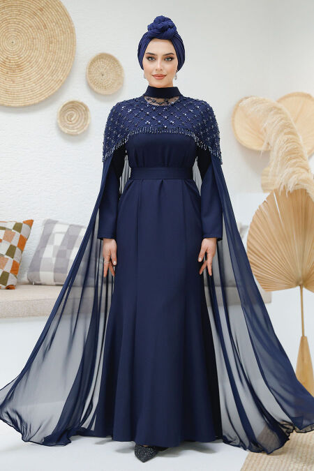 Modest Navy Blue Elegant Evening Gown 4653L - NEVA STYLE