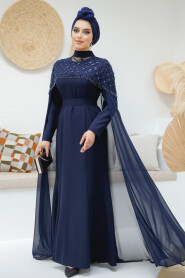 Modest Navy Blue Elegant Evening Gown 4653L - 4