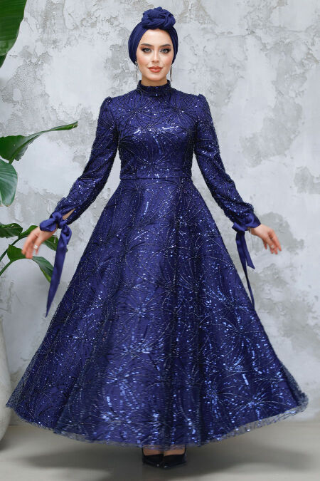 Modest Navy Blue Elegant Evening Gown 4908L - NEVA STYLE