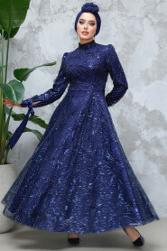 Modest Navy Blue Elegant Evening Gown 4908L - 2