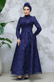 Modest Navy Blue Elegant Evening Gown 4908L - 3