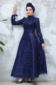 Modest Navy Blue Elegant Evening Gown 4908L - 5