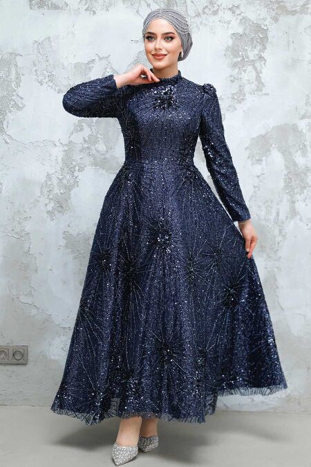 Modest Navy Blue Elegant Evening Gown 50461L - NEVA STYLE