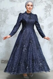 Modest Navy Blue Elegant Evening Gown 50461L - 2