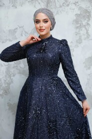 Modest Navy Blue Elegant Evening Gown 50461L - 3