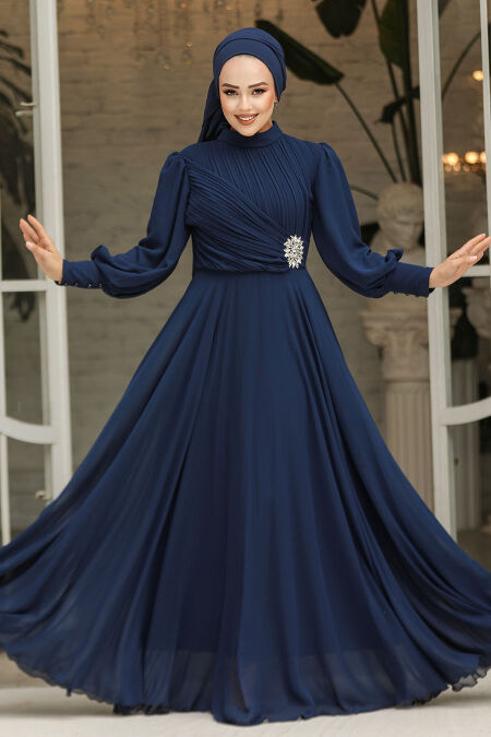 Modest Navy Blue Engagement Dress 45221L - NEVA STYLE