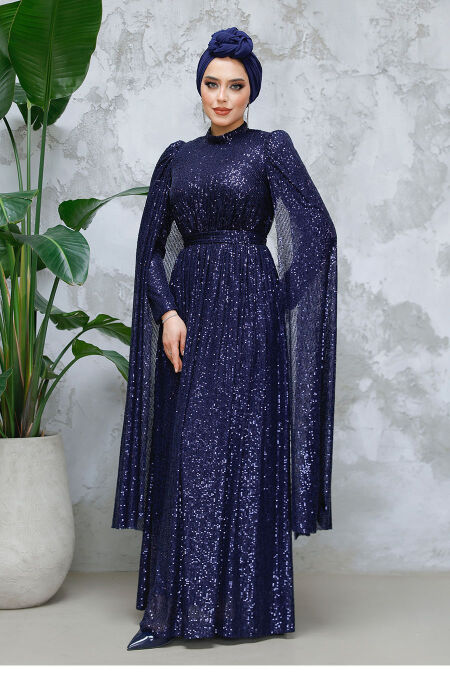 Modest Navy Blue Engagement Dress 47551L - NEVA STYLE