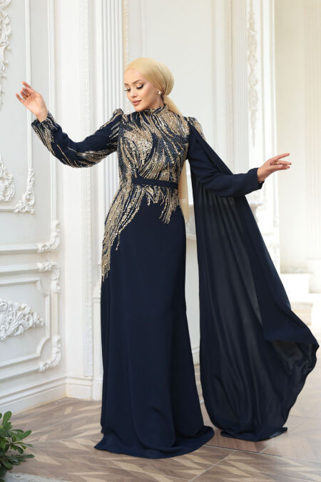 Modest Navy Blue Engagement Dress 51423L - NEVA STYLE