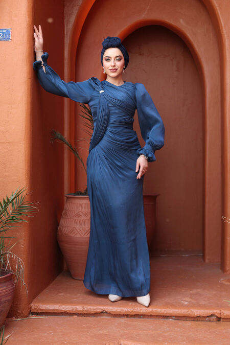 Modest Navy Blue Engagement Dress 51512L - NEVA STYLE