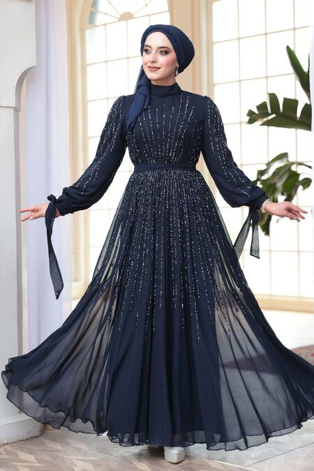 Modest Navy Blue Engagement Gown 25913L - NEVA STYLE