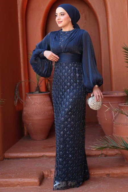 Modest Navy Blue Engagement Gown 4961L - NEVA STYLE