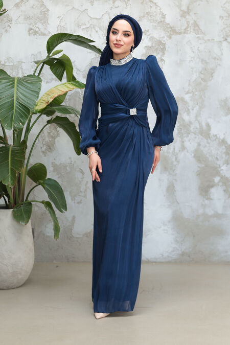 Modest Navy Blue Evening Dress 50581L - NEVA STYLE