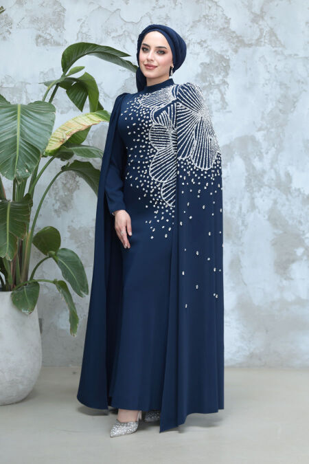 Modest Navy Blue Evening Dress 51671L - NEVA STYLE