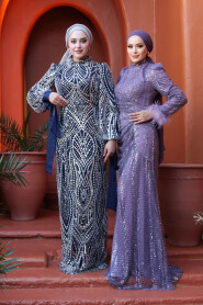 Modest Navy Blue Evening Gown 52554L - 3