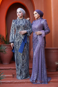 Modest Navy Blue Evening Gown 52554L - 4