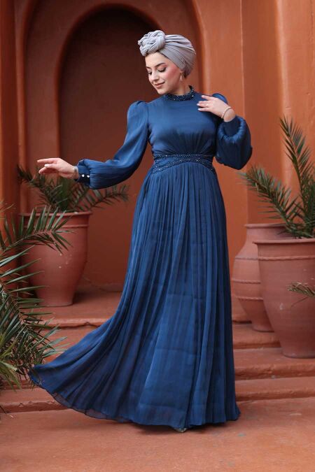 Modest Navy Blue Evening Gown 52751L - NEVA STYLE