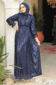 Modest Navy Blue Evening Gown With Long Sleeve 44961L - 2