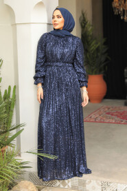 Modest Navy Blue Evening Gown With Long Sleeve 44961L 