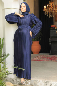 Modest Navy Blue Evening Gown With Sleeve 45771L - 3