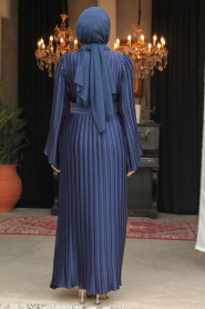 Modest Navy Blue Evening Gown With Sleeve 45771L - 4