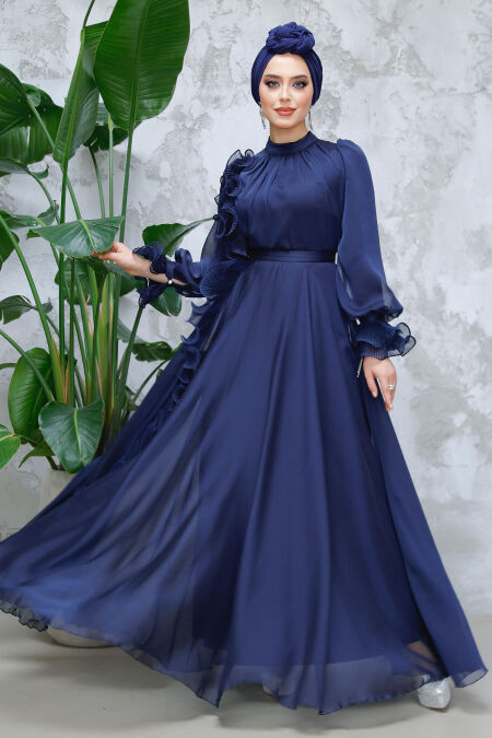 Modest Navy Blue Evening Long Dress 48571L - NEVA STYLE