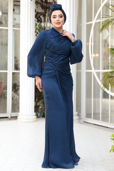 Modest Navy Blue Evening Long Dress 50781L - NEVA STYLE