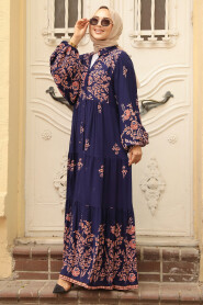 Modest Navy Blue Floral Dress 10300L - 2